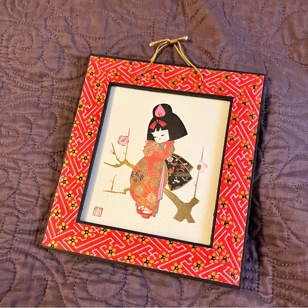 Framed Kokeshi Girl Wall Hanging in Red and Black